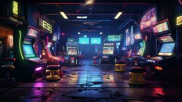 generativo ai, cyberpunk stile gioco bar o bar. notte scena di grande città, futuristico nostalgico anni 80, anni 90. neon luci vivace colori, fotorealistico orizzontale foto