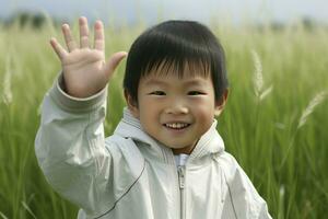 asiatico ragazzo agitando mani Visualizza. creare ai foto