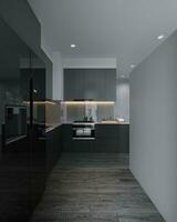 cucina nel nuovo lusso casa con quarzo cucina interno, legno duro piani, buio legna armadietti 3d interpretazione foto