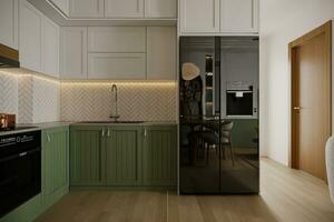 interno di minimalista Aperto cucina con bianca e verde ava e nero fri 3d interpretazione foto