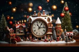 Natale e nuovo anno concetto. di legno giocattolo treno con orologio su buio sfondo, Natale e nuovo anno vacanze concetto, ai generato foto