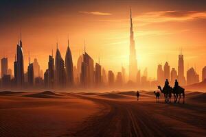 silhouette di cammello nel il deserto con dubai città nel il sfondo, cammello caravan su sabbia dune su arabo deserto con dubai orizzonte a tramonto, ai generato foto