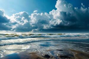 blu cielo e bianca nuvole avvicinamento con aereo oceano ai generativo foto