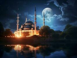 bellissimo blu moschea sotto un' pieno Luna generativo ai foto