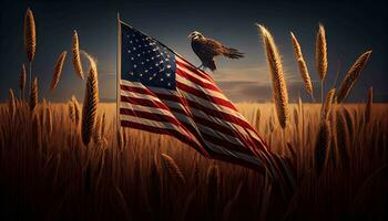 un' illuminata dal sole Grano campo con un americano bandiera volante nel il cielo indipendenza giorno concetto generativo ai foto