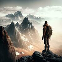 un' escursionista in piedi su un' roccioso sporgenza, guardare su a un' vasto montagna gamma generativo ai foto