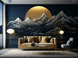 3d moderno interno casa parete decorazione. d'oro e buio blu montagne, con un' d'oro albero con Luna buio paesaggio sfondo generativo ai foto