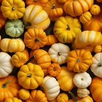 colorato mucchio di zucche nel superiore Visualizza. adatto per Halloween e Abbracciare una persona il spirito di il autunno stagione. creato con generativo ai tecnologia foto