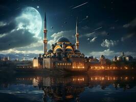 bellissimo islamico moschea con notte Luna cielo e nube foto sfondo generativo ai