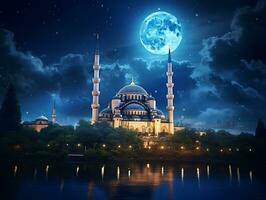 bellissimo blu moschea sotto un' pieno Luna generativo ai foto