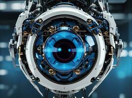 futuristico robot occhio tecnologia, blu digitale iris, ai foto