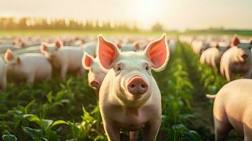 ritratto maiale nel il azienda agricola con leggero esposizione ai generativo foto