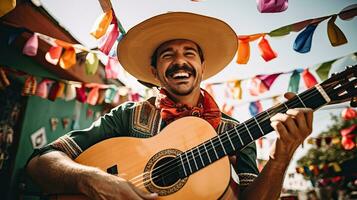 ritratto uomo indossare sombrero giocando chitarra ai generativo foto