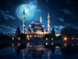 bellissimo blu moschea sotto un' pieno Luna generativo ai foto