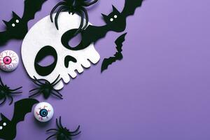 Halloween concetto sfondo. superiore Visualizza di cranio e Halloween festa decorazione con copia spazio. Halloween concetto sfondo foto