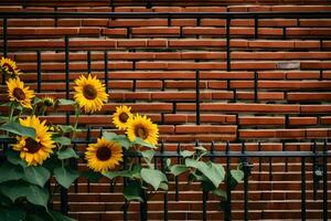 un' mattone parete con girasoli nel davanti di esso. ai-generato foto