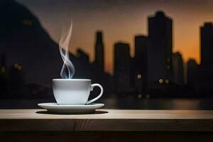 un' tazza di caffè su un' tavolo nel davanti di un' paesaggio urbano. ai-generato foto