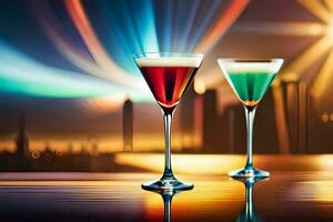 Due bicchieri di colorato bevande su un' tavolo con città luci nel il sfondo. ai-generato foto