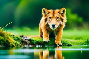 un' Leone in piedi su il bordo di un' stagno. ai-generato foto