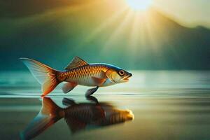 un' pesce è in piedi su il acqua con il sole splendente. ai-generato foto