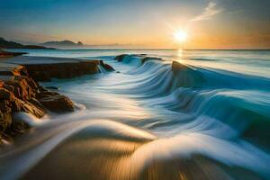 il sole imposta al di sopra di il oceano come onde schianto in rocce. ai-generato foto