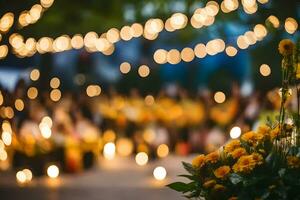 un' gruppo di persone siamo in piedi nel davanti di un' fiore disposizione. ai-generato foto