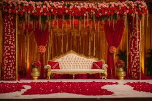 un' rosso e oro nozze palcoscenico con un' divano e fiori. ai-generato foto