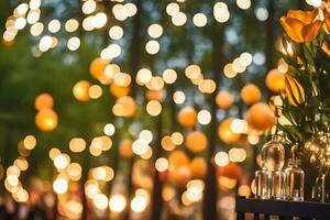 un' tavolo con fiori e candele nel davanti di un' albero. ai-generato foto