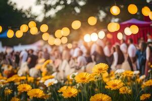 un' campo di giallo fiori con persone nel il sfondo. ai-generato foto