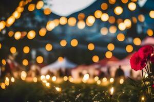 un' fiore è nel davanti di un' tenda con luci. ai-generato foto