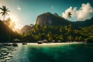 un' tropicale isola con palma alberi e Barche. ai-generato foto