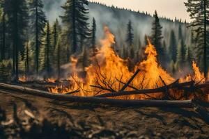 un' foresta fuoco è ardente nel il mezzo di un' foresta. ai-generato foto