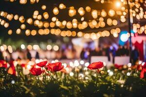 rosso fiori nel il mezzo di un' campo con luci. ai-generato foto