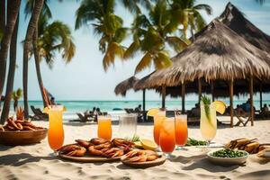 un' tavolo con gamberetto, bevande e cibo su il spiaggia. ai-generato foto