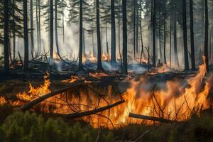 un' foresta fuoco nel il mezzo di un' foresta. ai-generato foto