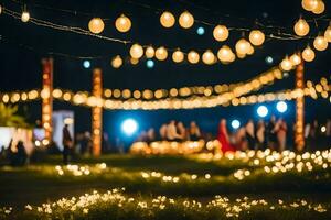 un' nozze ricezione con luci Strung al di sopra di il erba. ai-generato foto