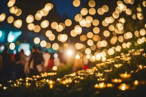 molti persone siamo in piedi nel davanti di un' campo di luci. ai-generato foto