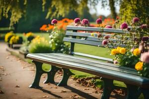 un' panchina nel un' parco con fiori. ai-generato foto