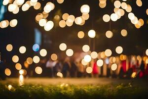 un' gruppo di persone siamo in piedi nel davanti di un' campo con luci. ai-generato foto