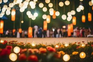un' nozze ricezione con colorato luci e fiori. ai-generato foto