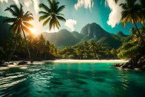 un' tropicale spiaggia con palma alberi e montagne. ai-generato foto