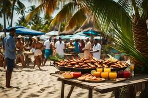 un' buffet tavolo con cibo su il spiaggia. ai-generato foto