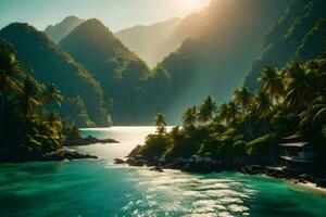 il sole brilla al di sopra di un' tropicale isola con palma alberi. ai-generato foto