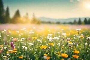 un' campo di fiori selvatici e alberi nel il sole. ai-generato foto