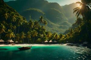 un' barca si siede su il spiaggia nel davanti di palma alberi. ai-generato foto