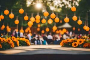 un' nozze cerimonia con arancia lanterne e girasoli. ai-generato foto