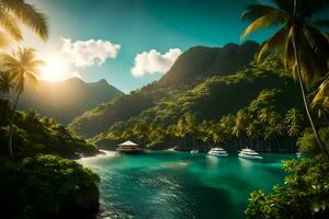 tropicale isola con palma alberi e Barche nel il acqua. ai-generato foto