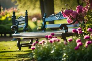 un' parco panchina con rosa fiori nel il sfondo. ai-generato foto