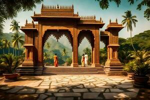 un' tempio nel il giungla con Due persone in piedi nel davanti di esso. ai-generato foto