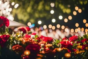 rosso Rose nel il primo piano con luci nel il sfondo. ai-generato foto